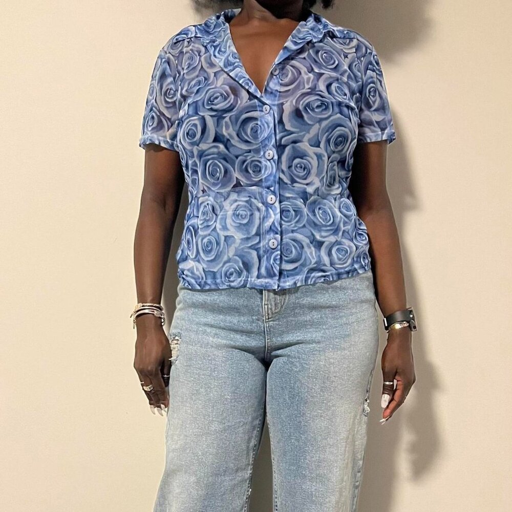 Blue Roses  Vintage Two Roads Mesh Button-up Shirt